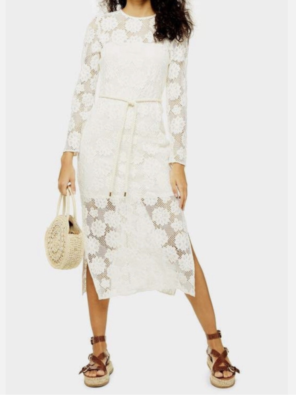 Topshop Lace Rope Belt Sheer Ivory Midi Dress Size 10